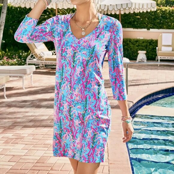 Lilly Pulitzer Tessa Shift T Shirt Dress L Seaweed Samba Cotton V Neck Pink Blue - Picture 2 of 11